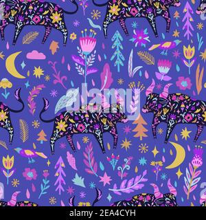 Colorful doodle seamless pattern with ox and flowers.  Stock Vector