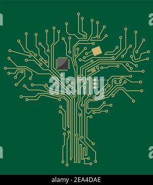 Motherboard tree on green background for technology concept design Stock Vector