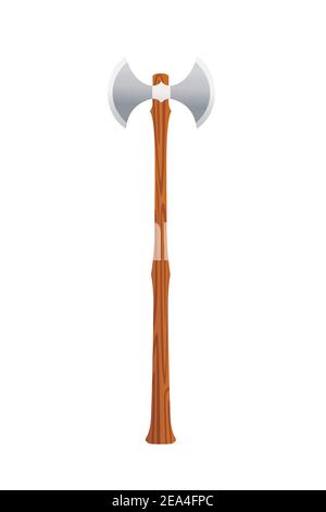 Medieval weapon war axe two sided iron blade with wooden handle two-handed battle axe used by vikings vector illustration on white background Stock Vector