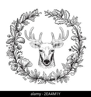 Hand drawn wreath in engraving ink style with head of deer and forest flowers  Stock Vector