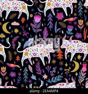 Colorful doodle seamless pattern with ox and flowers.  Stock Vector