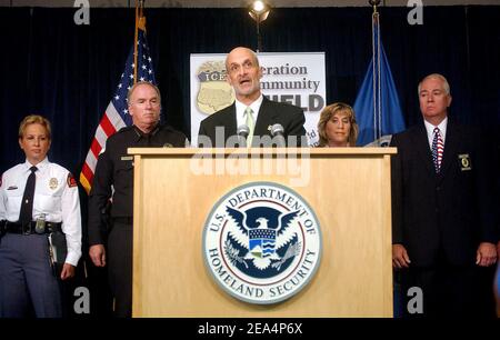 Homeland Security Secretary Michael Chertoff speaks in a news conference on August 1 2005 to discuss Operation Community Shield who targets violent street gang throughout america. Photo by Olivier Douliery/ABACA Stock Photo