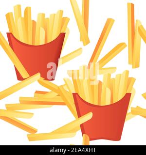 Seamless pattern French fries in red paper box street fast food flat vector illustration on white background Stock Vector