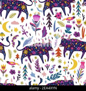 Colorful doodle seamless pattern with ox and flowers.  Stock Vector