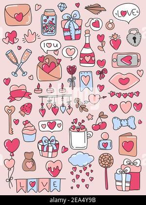 Pack of love stickers, fashion patches, cute colorful badges, with hearts. Hand drawn hearts and words in doodle style. Love concept. Freehand drawing Stock Vector