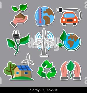 Simple Set of Eco flat colorful stickers. Contains such Icons as Electric Car, Global Warming, Forest, Organic Farming and more. Stock Vector