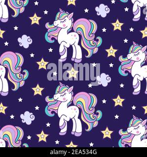 Seamless pattern with unicorn and stars on a dark background. Vector Stock Vector