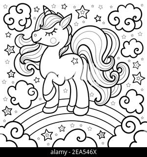 Cartoon unicorn on a rainbow. Doodle style. For coloring. Vector Stock Vector
