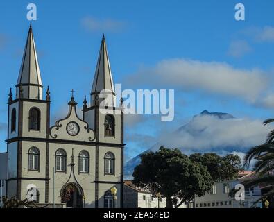 Mountain Pico, view from small town, Azores islands, Pico island, travel destination in Europe. Stock Photo