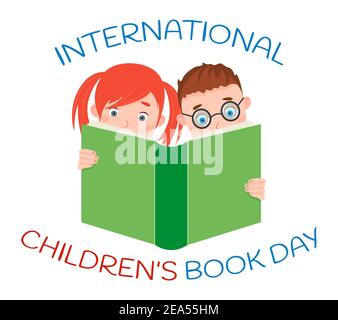 International Children's book day. Little boy and girl readinf book. Vector illustration. Stock Vector