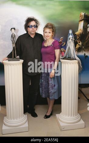 U.S. director Tim Burton and his companion, British actress Helena Bonham-Carter, pose at a photocall for Tim's upcoming movie 'Corpse Bride' at Ritz Hotel on Paris, France on September 26, 2005. Photo by Laurent Zabulon/ABACAPRESS.COM. Stock Photo