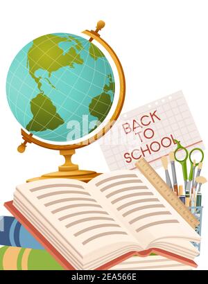 Back to school banner with sign opened book backpack and stationery ...