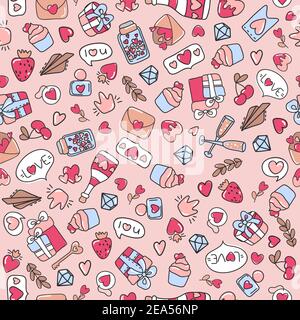 Vector doodle romantic seamless pattern. Hearts, love, lips, kisses, letters, sweets. Trendy design concept for fashion textile print, wrapping Stock Vector