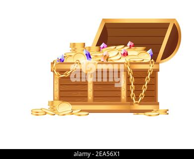 Wooden open chest with golden coins and luxury gems pirate treasure box game asset vector illustration on white background Stock Vector