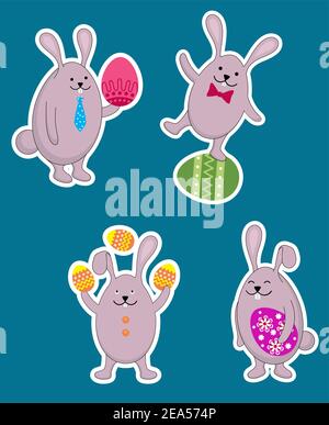 Easter rabbits and hares with eggs in cartoon style Stock Vector