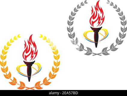 Flaming torches in laurel wreathes for peace concept design Stock Vector