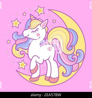 Cute unicorn on the crescent. Children's vector image. Stock Vector