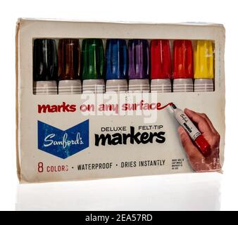 Winneconne, WI -6 February 2021: A package of vintage Sanfords deluze markers set on an isolated background. Stock Photo