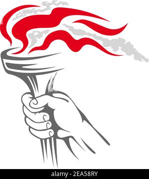 Flaming torch in people hand for sports concept design Stock Vector