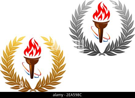 Flaming torch in golden and silver laurel wreath for sports design Stock Vector