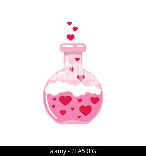 Chemistry flask with hearts and love poison valentines day icon isolated on white background. Stock Vector