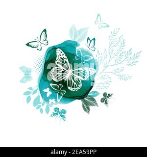 White butterflies on a watercolor green background. Vector Stock Vector