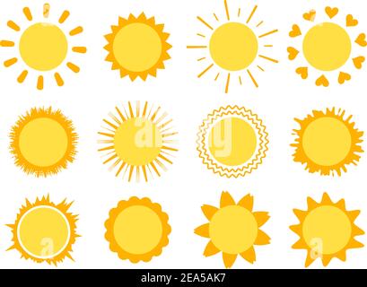 Sun icons set with rays of different shapes Stock Vector
