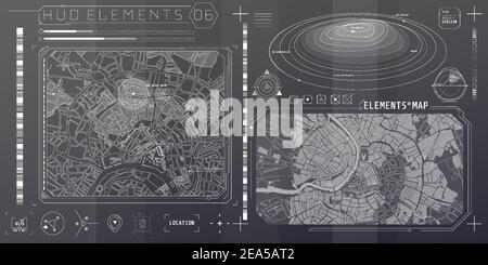 A set of HUD maps elements for a futuristic interface. Stock Vector