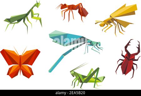 Insects set in origami style isolated on white background Stock Vector