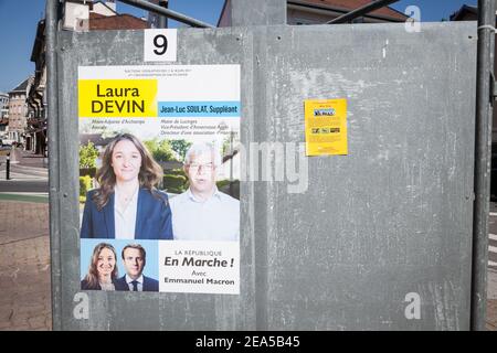 ANNEMASSE, FRANCE - JUNE 19,2017: Political poster for LREM for 2017 French legislative elections. LREM, or La Republique en marche is a center right Stock Photo