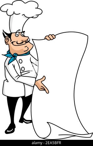 Cartoon smiling chef with blank menu paper in hands Stock Vector