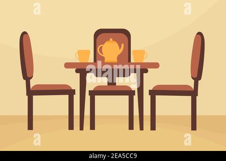 Dining table and 3 chairs and coffee cups Stock Vector