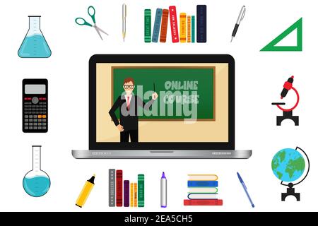 Online school education with laptop and school elements Stock Vector