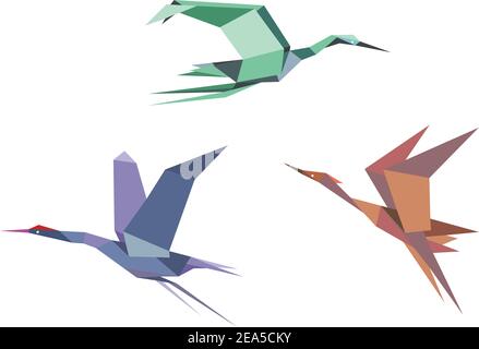 Herons, cranes and storks in origami style isolated on white background Stock Vector