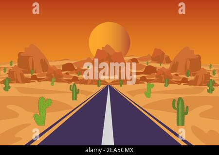 Cactus in desert with mountains and road Stock Vector