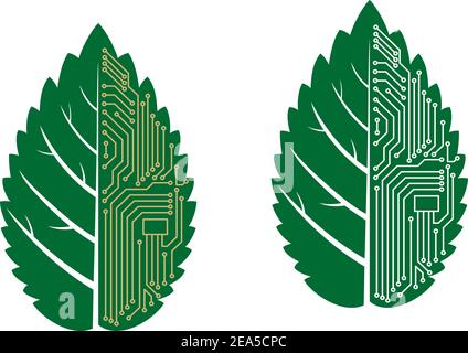 Green leaf with computer and motherboard elements for technology concept Stock Vector