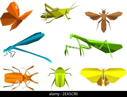 Insects set in origami paper elements isolated on white background Stock Vector