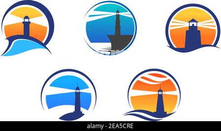 Colorful lighthouse symbols set isolated on white background for any navigation concept Stock Vector
