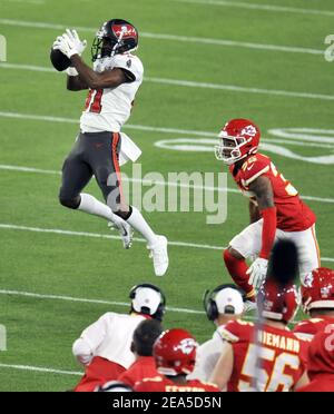 Tampa, United States. 07th Feb, 2021. Tampa Bay Buccaneers' Antonio Brown  grabs a catch above Kansas City Chiefs' Charvarius Ward (35) during the  first half of Super Bowl LV at Raymond James Stadium in Tampa, Florida on  Sunday, February 7, 2021