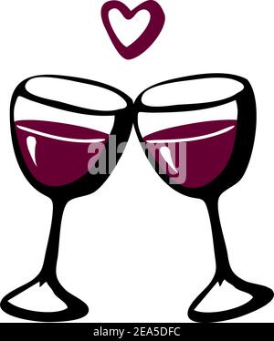 Vector doodle hand drawn sketch black red illustration of two wine glasses couple love drink symbol sign line icon on white background. Valentines day Stock Vector