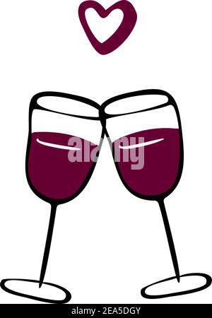 Vector doodle hand drawn sketch black red illustration of two wine glasses couple love drink symbol sign line icon on white background. Valentines day Stock Vector