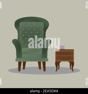 Stylish armchair or wingback chair with coffee and side table Stock Vector