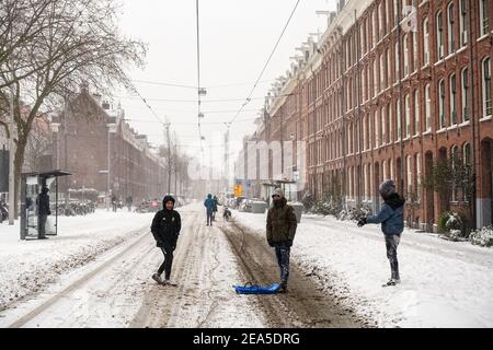 Amsterdam, The Netherlands, 7th February, 2021. The city centre brought to a standstill after massive snow storm Stock Photo