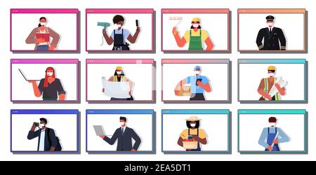 set mix race people of different occupations wearing masks to prevent coronavirus pandemic labor day celebration online communication in web browser windows horizontal portrait vector illustration Stock Vector