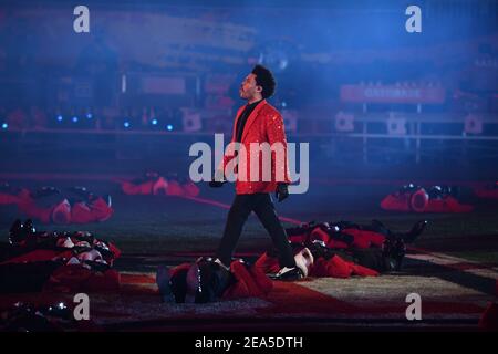 Tampa, United States. 07th Feb, 2021. Canadian artist The Weekend performs during the Super Bowl LV halftime show at Raymond James Stadium in Tampa, Florida on Sunday, February 7, 2021. Photo by Kevin Dietsch/UPI Credit: UPI/Alamy Live News Stock Photo