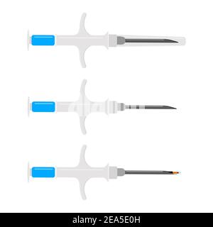 Syringes for pet microchipping with and without microchips. Veterinarian tools for dog or cat implant procedure. Concept of pets permanent ID. Vector flat illustration. Stock Vector
