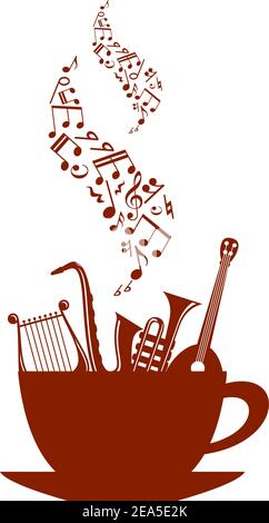 Cup of tea or coffee with musical instruments and waves of notes Stock Vector