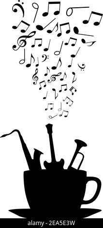 Cup of tea or coffee with musical instruments and notes Stock Vector