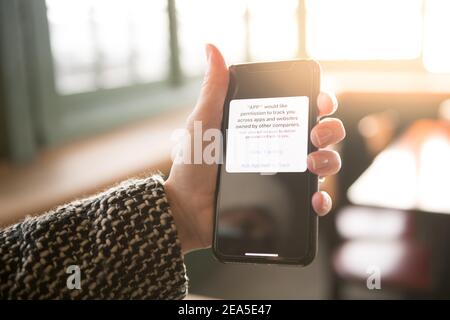 Cellphone app data tracking image. Stock Photo