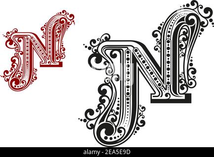 N letter in vintage calligraphic style isolated on white background Stock Vector